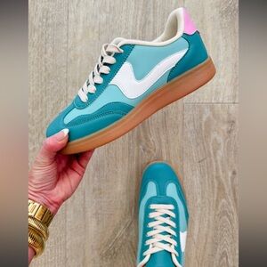 Teal and White Sneakers with Pink Accent